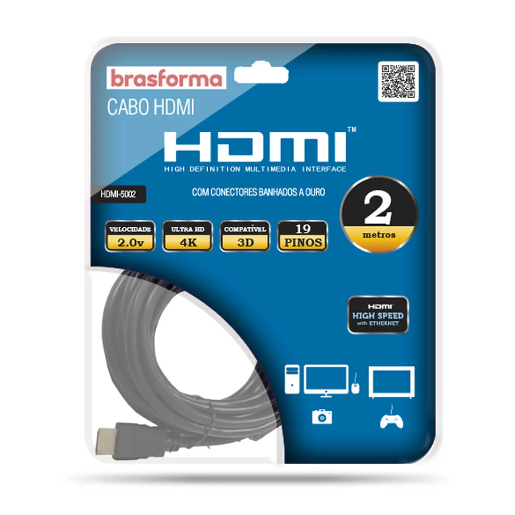 Cabo HDMI 2 Metros 4K Brasforma