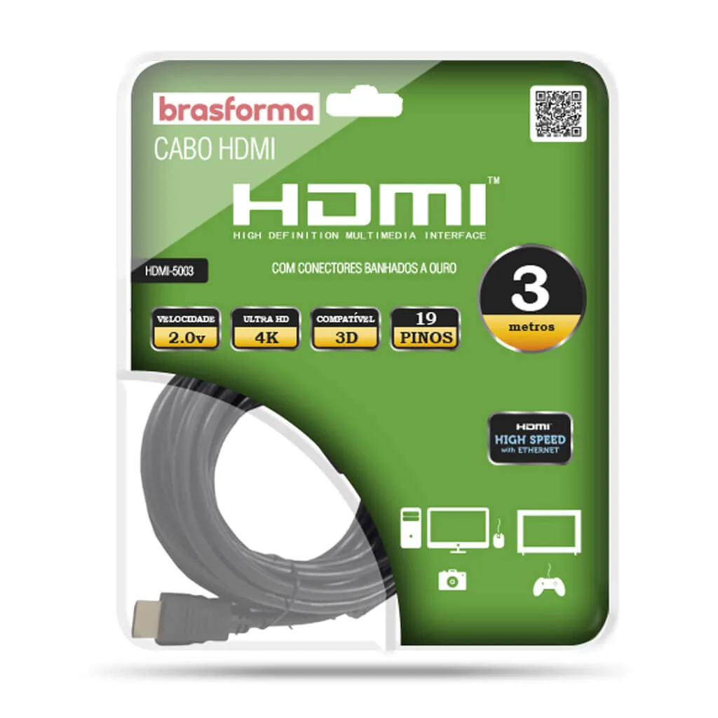 Cabo HDMI 3 Metros 4K Brasforma